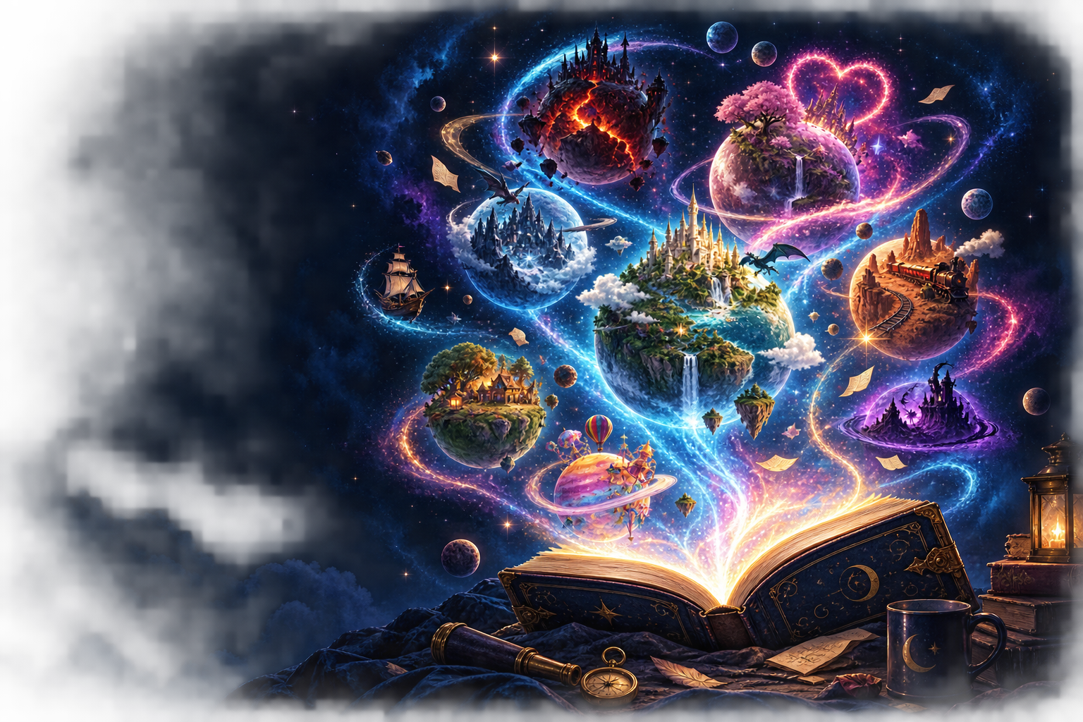 An open book releasing a luminous universe of fantastic worlds